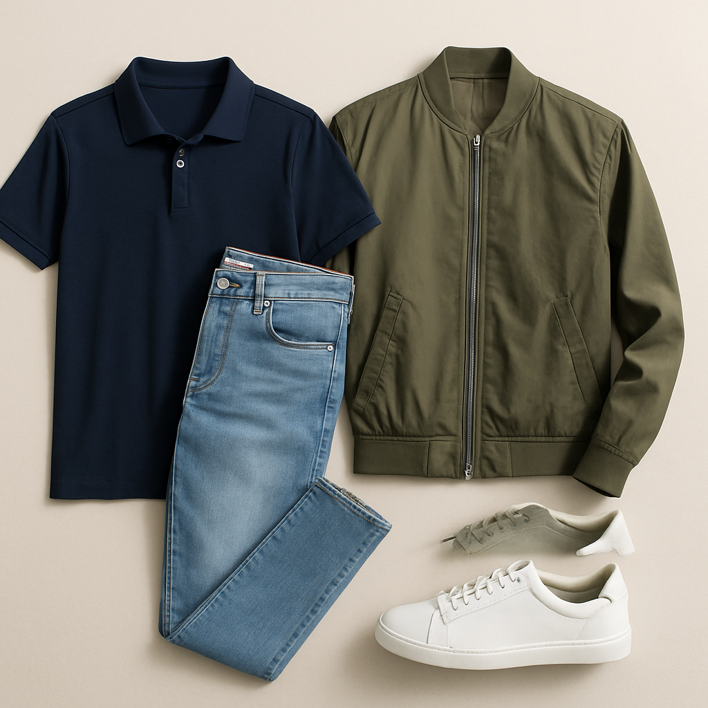 A selection of top-selling men’s shirts, jeans, jackets, and accessories, modeled by various men.