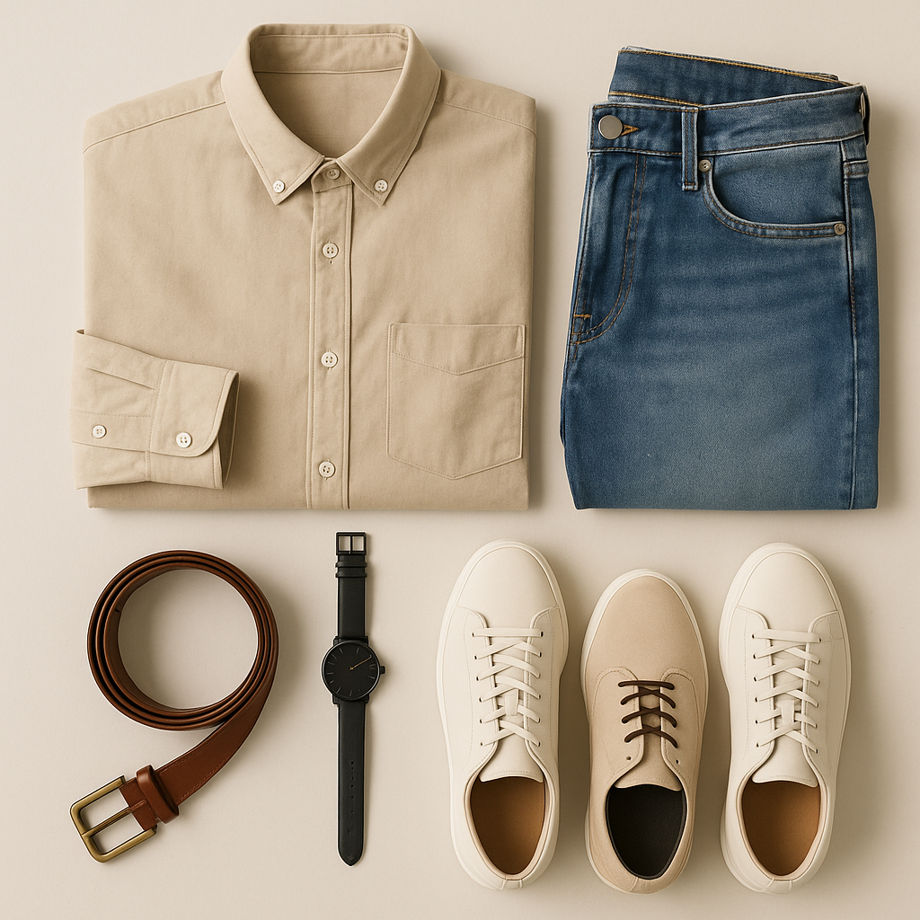 A dynamic display of men’s clothing, shoes, and accessories with visible sale tags and price stickers.