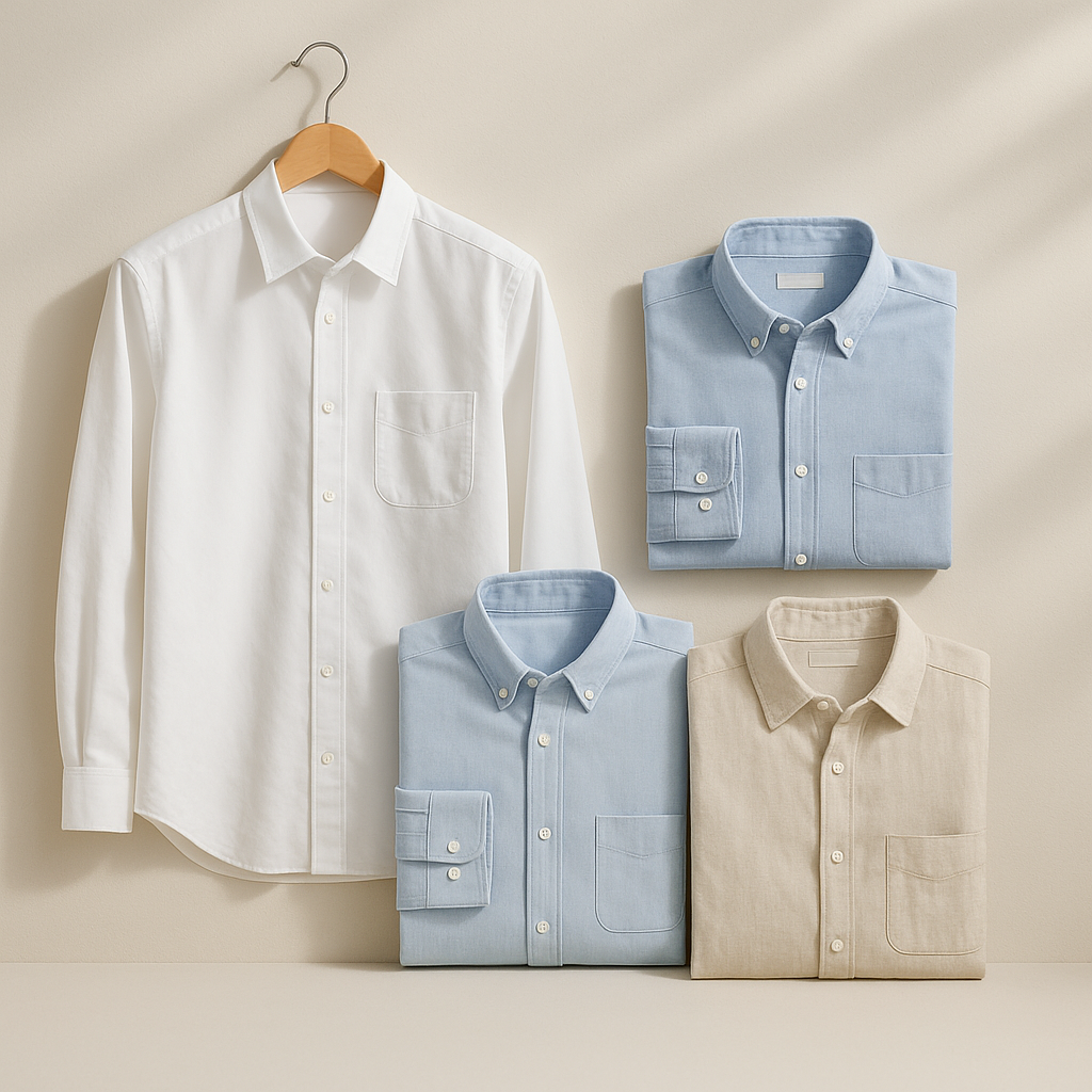 A selection of men’s shirts in various colors, patterns, and fits, displayed on different male models.