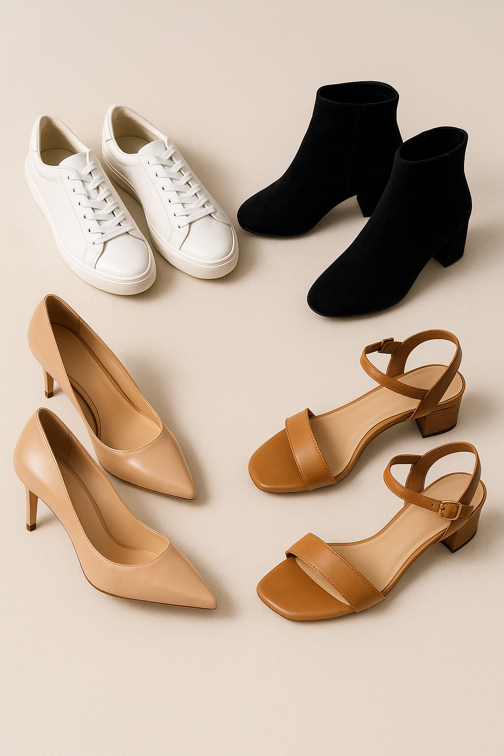 A stylish assortment of women’s shoes, including heels, flats, sneakers, boots, and sandals, displayed together.