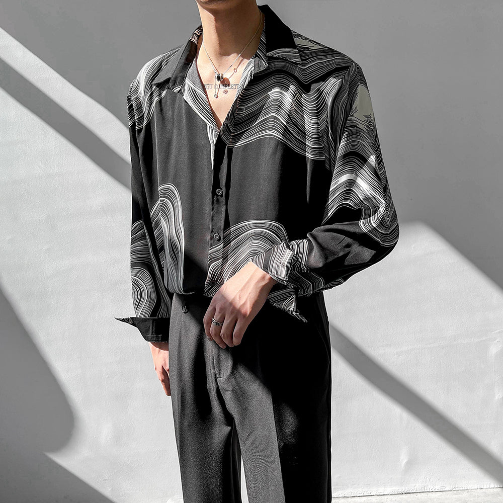Verdanza™ | Men’s Geometric Drape Short Sleeve Shirt | Black-Long Sleeve / M | Toronty Ottawa