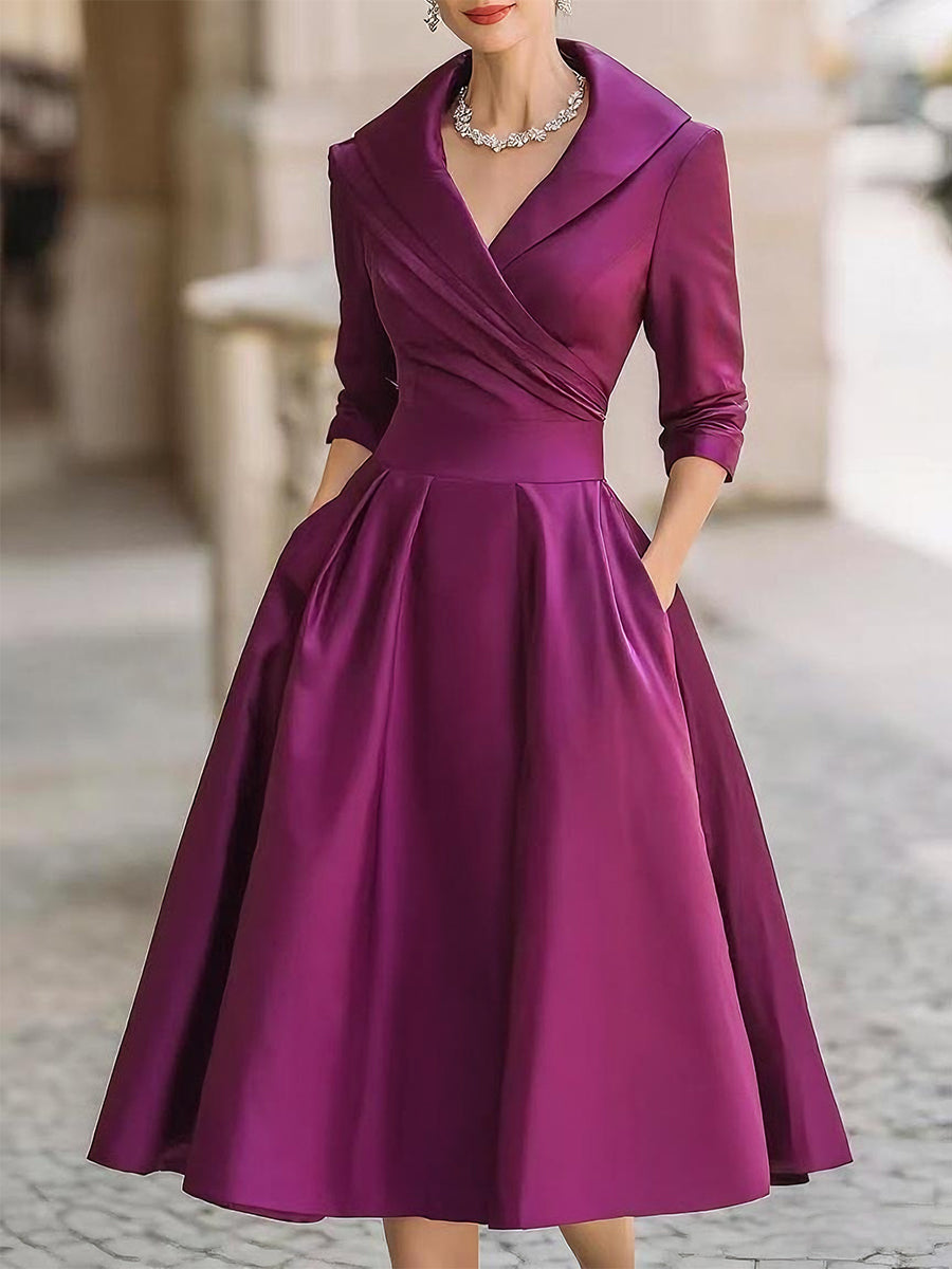 SatinEra™ Women’s Vintage Draped-Collar Midi Dress