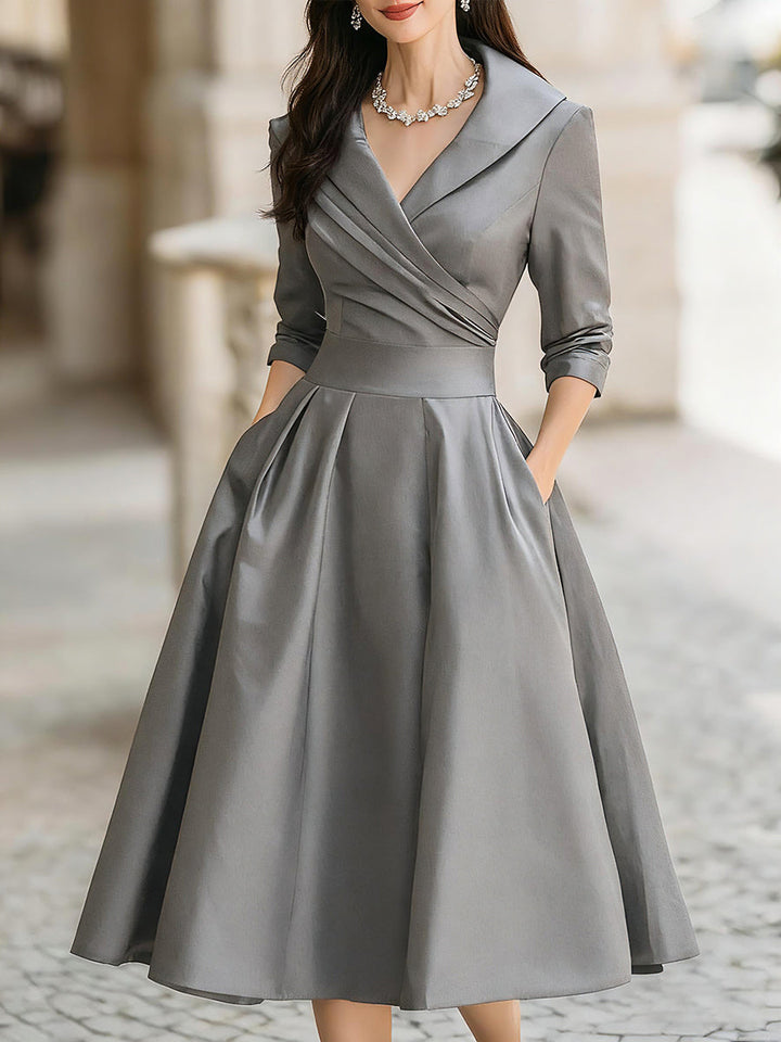 SatinEra™ Women’s Vintage Draped-Collar Midi Dress