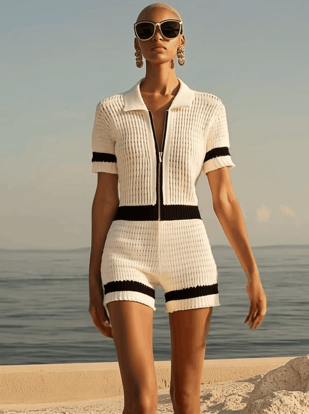 ZyraFlex™ | Women’s Zip-Front Knit Shorts Jumpsuit | Jumpsuit / White / S | Toronty Ottawa
