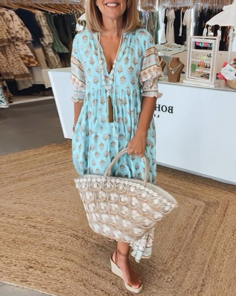 Carmela | Printed V-Neck Summer Dress | Blue / S (8-10) | Toronty Ottawa
