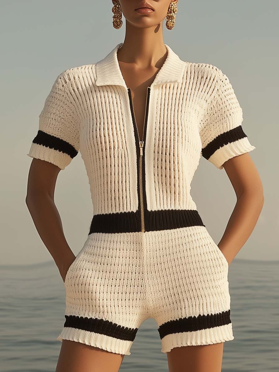 ZyraFlex™ | Women’s Zip-Front Knit Shorts Jumpsuit | Jumpsuit / White / S | Toronty Ottawa