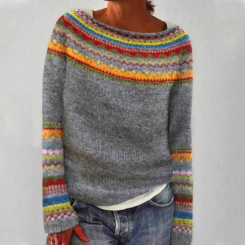 YASMINE™ - RETRO AUTUMN SWEATER | Gray / Rainbow / S | Toronty Ottawa