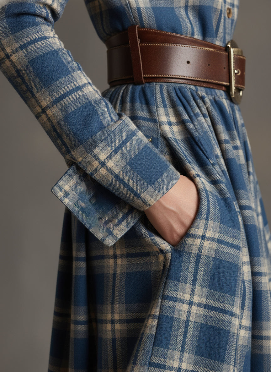 EthniLapel™ Women’s Retro Plaid Maxi Dress – Reddish Brown