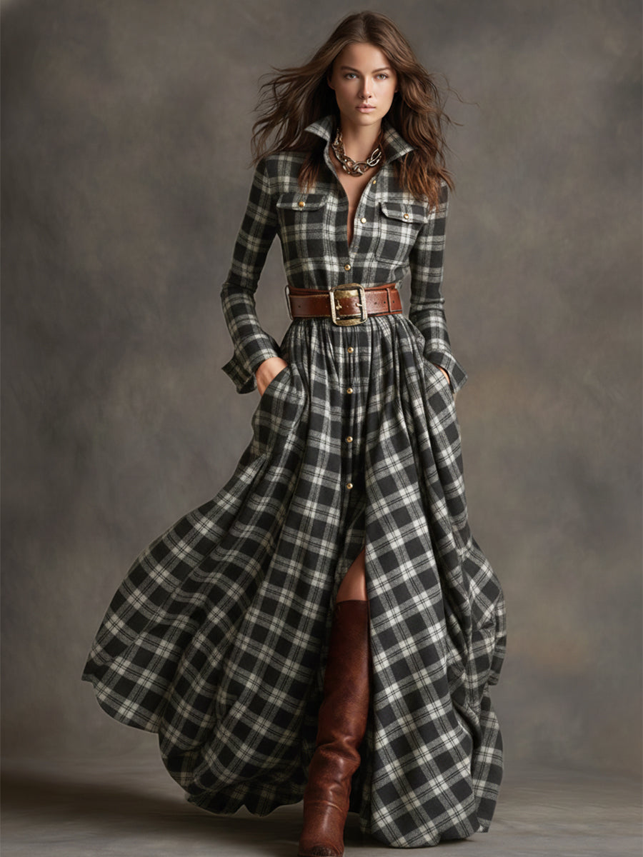 EthniLapel™ Women’s Retro Plaid Maxi Dress – Reddish Brown