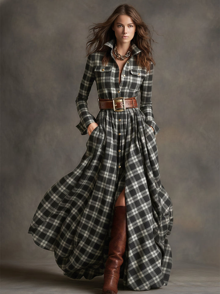 EthniLapel™ Women’s Retro Plaid Maxi Dress – Reddish Brown