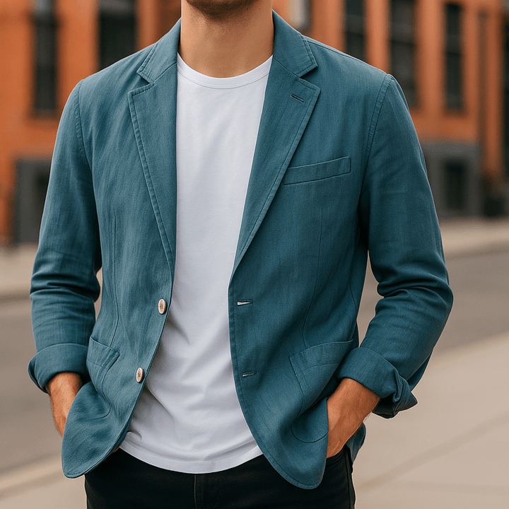 Varenzo™ | Men’s Relaxed Linen Blend Blazer | Blue / S | Toronty Ottawa