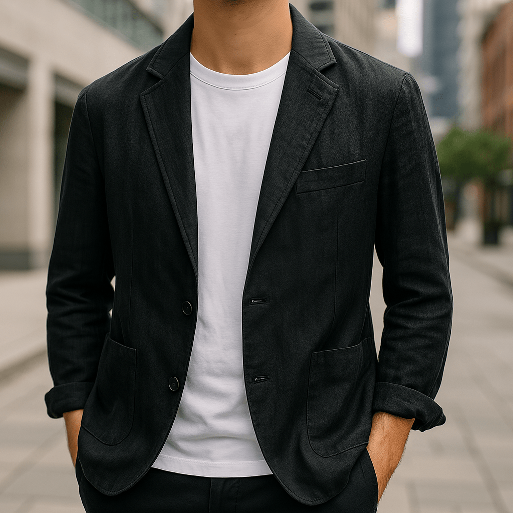 Varenzo™ | Men’s Relaxed Linen Blend Blazer | Black / S | Toronty Ottawa