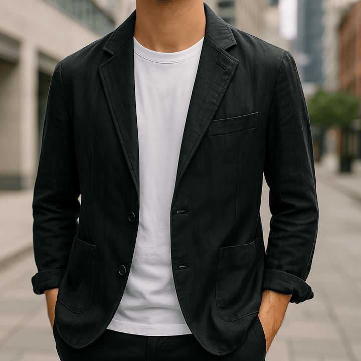 Varenzo™ | Men’s Relaxed Linen Blend Blazer | Black / S | Toronty Ottawa