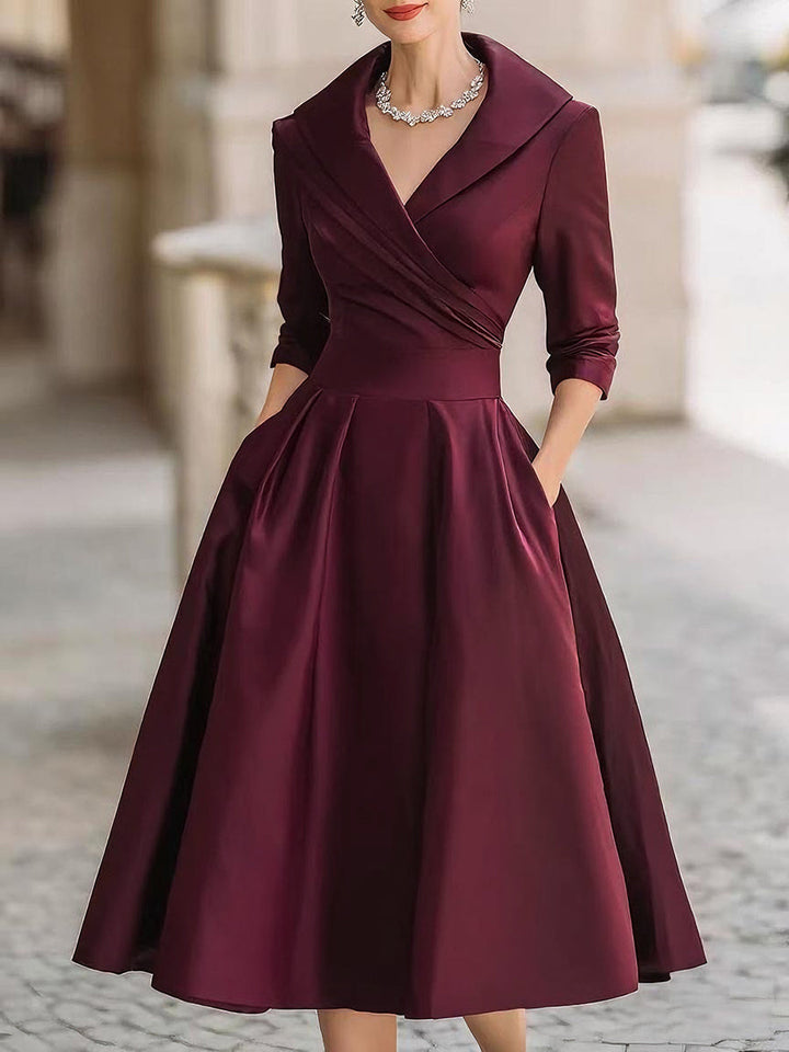 SatinEra™ Women’s Vintage Draped-Collar Midi Dress