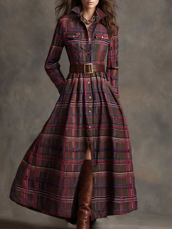 EthniLapel™ Women’s Retro Plaid Maxi Dress – Reddish Brown