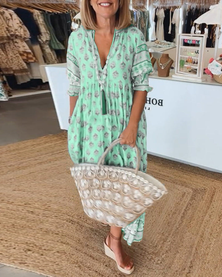 Carmela | Printed V-Neck Summer Dress | Green / S (8-10) | Toronty Ottawa