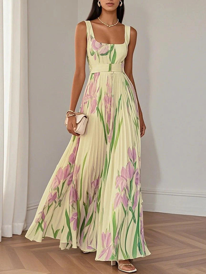 Seraphina | White Pleated Floral Chiffon Maxi Dress | Yellow / XS | Toronty Ottawa