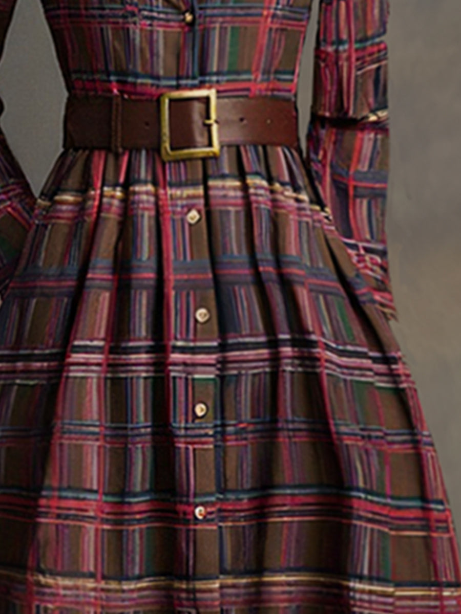 EthniLapel™ Women’s Retro Plaid Maxi Dress – Reddish Brown