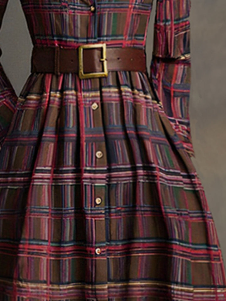 EthniLapel™ Women’s Retro Plaid Maxi Dress – Reddish Brown