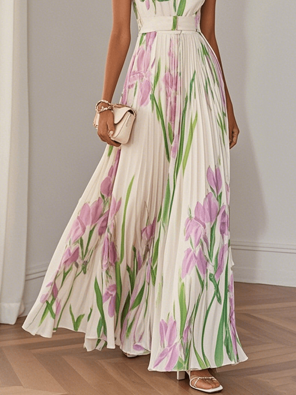 Seraphina | White Pleated Floral Chiffon Maxi Dress | White / XS | Toronty Ottawa