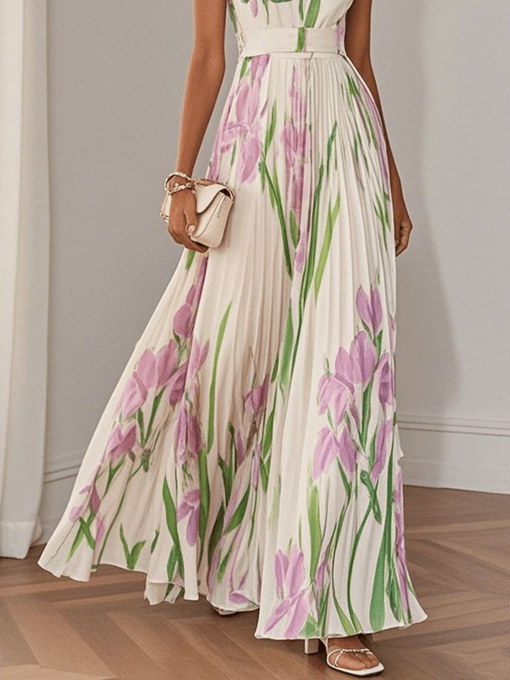 Seraphina | White Pleated Floral Chiffon Maxi Dress | White / XS | Toronty Ottawa