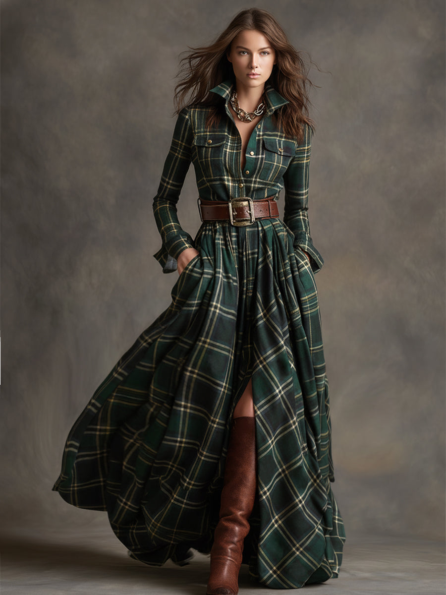 EthniLapel™ Women’s Retro Plaid Maxi Dress – Reddish Brown