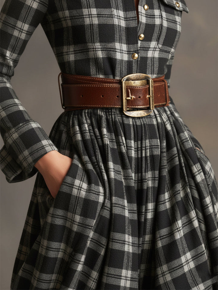 EthniLapel™ Women’s Retro Plaid Maxi Dress – Reddish Brown