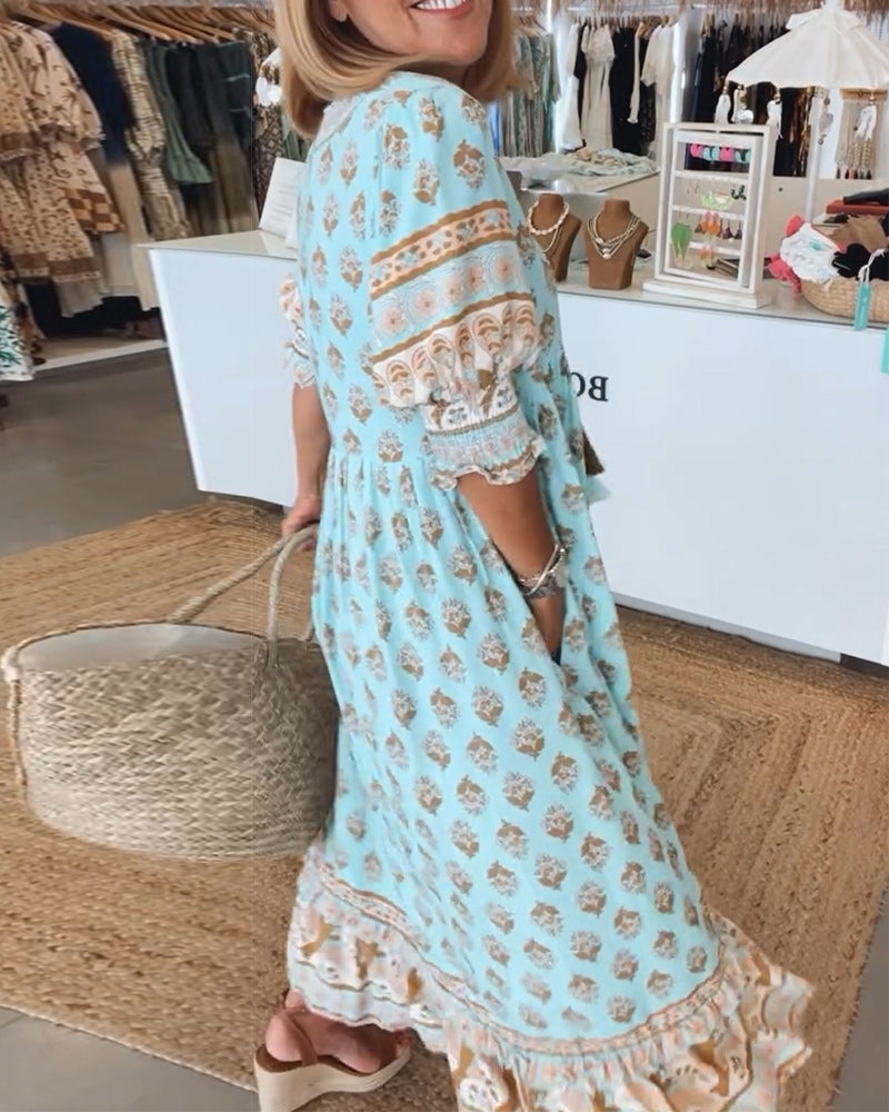 Carmela | Printed V-Neck Summer Dress | Blue / S (8-10) | Toronty Ottawa