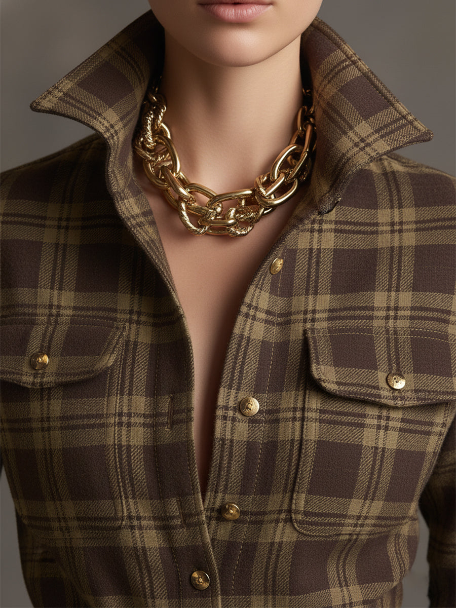 EthniLapel™ Women’s Retro Plaid Maxi Dress – Reddish Brown