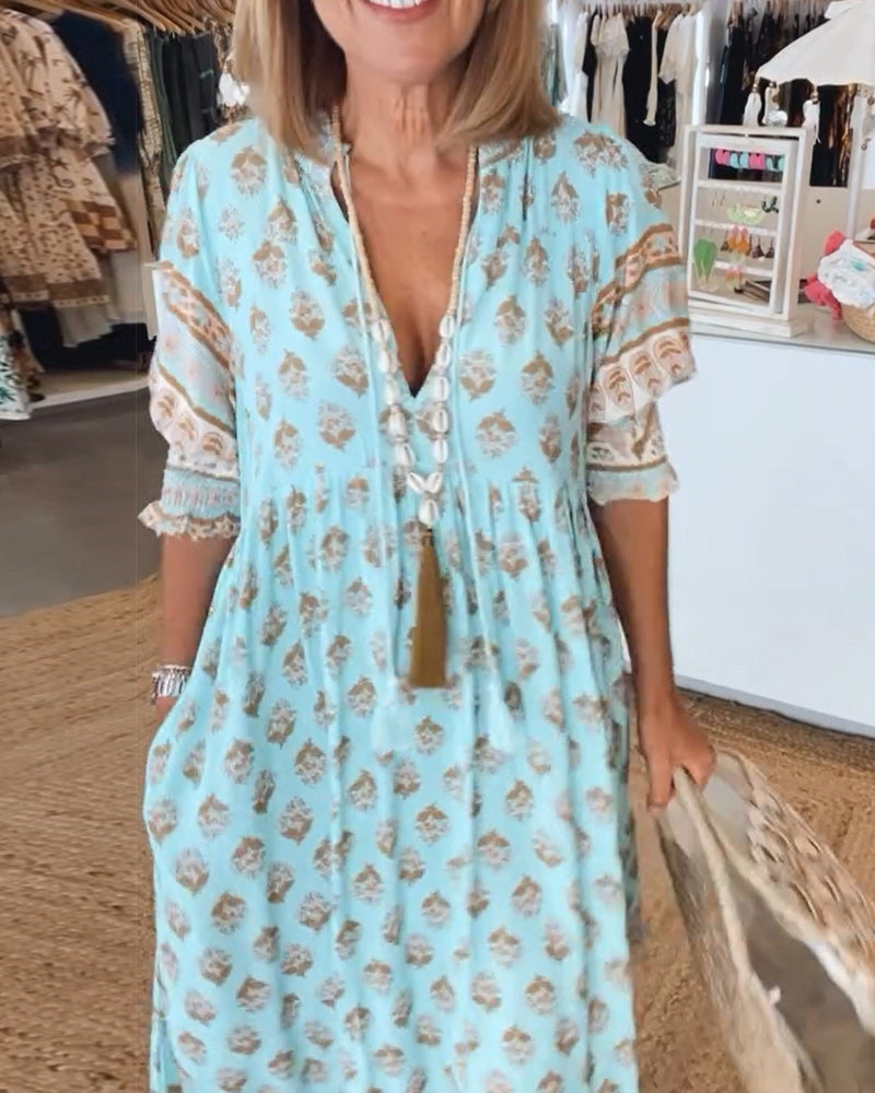 Carmela | Printed V-Neck Summer Dress | Blue / S (8-10) | Toronty Ottawa