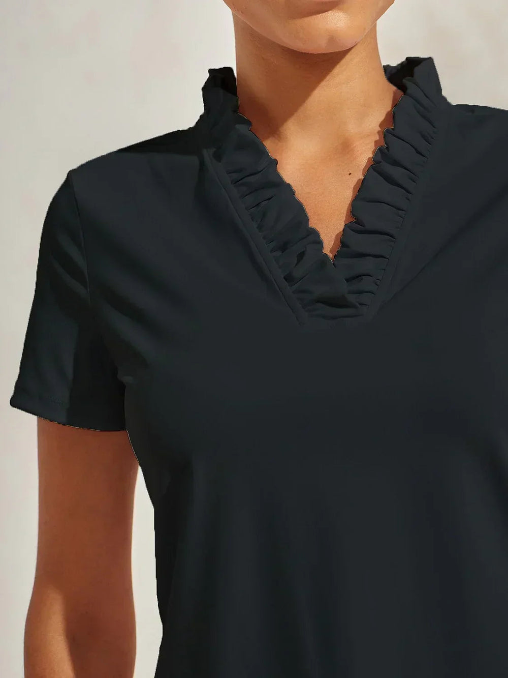 BreezeLuxe Ruffle V-Neck Polo Top | Black / S | Toronty Ottawa