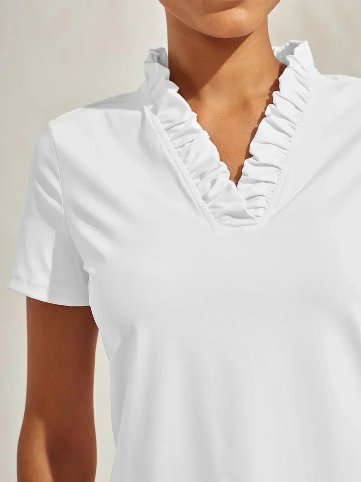 BreezeLuxe Ruffle V-Neck Polo Top | Black / S | Toronty Ottawa