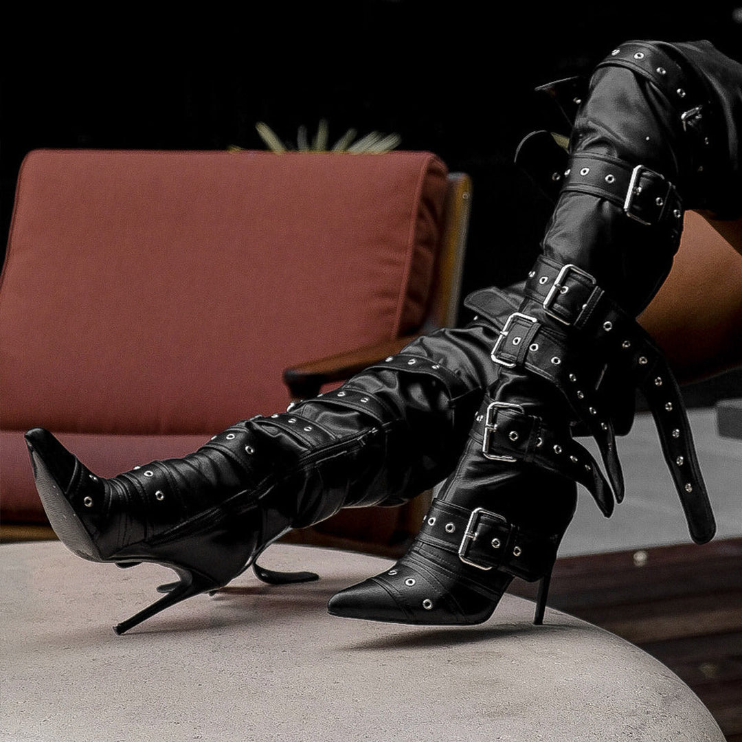 Multi Buckle Strap Thigh High Pointed Toe Stiletto Boots