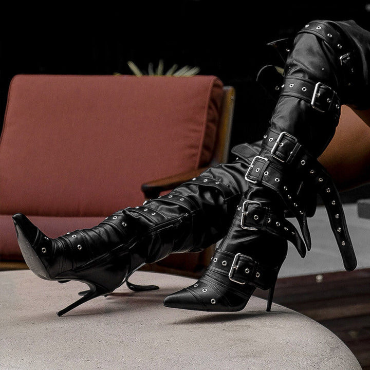 Multi Buckle Strap Thigh High Pointed Toe Stiletto Boots