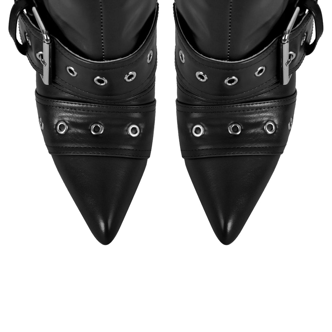 Multi Buckle Strap Thigh High Pointed Toe Stiletto Boots