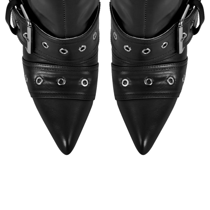 Multi Buckle Strap Thigh High Pointed Toe Stiletto Boots
