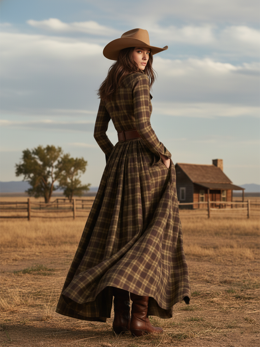 EthniLapel™ Women’s Retro Plaid Maxi Dress – Reddish Brown