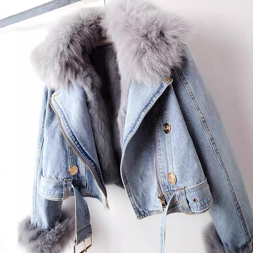 Margaux Luxe Lined Fox Fur Denim Coat | Dark Blue / XS | Toronty Ottawa