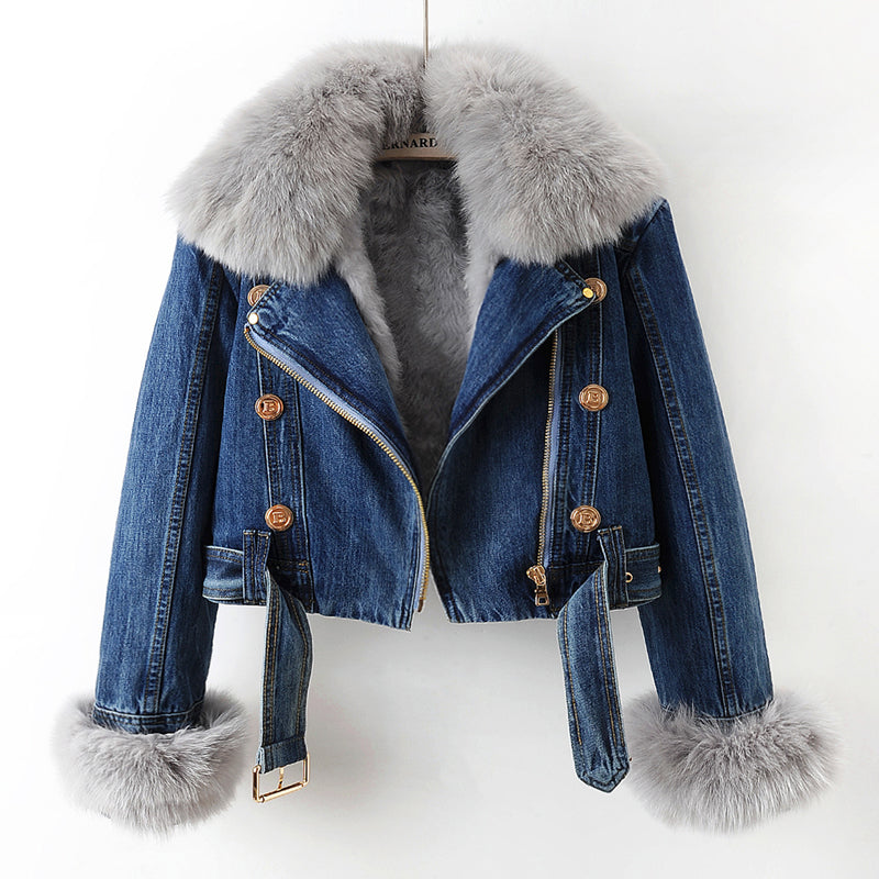 Margaux Luxe Lined Fox Fur Denim Coat | Dark Blue / XS | Toronty Ottawa