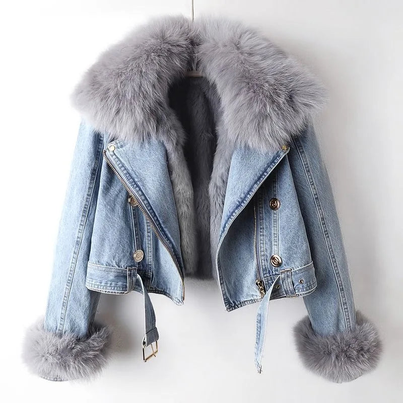 Margaux Luxe Lined Fox Fur Denim Coat | Light Blue / XS | Toronty Ottawa