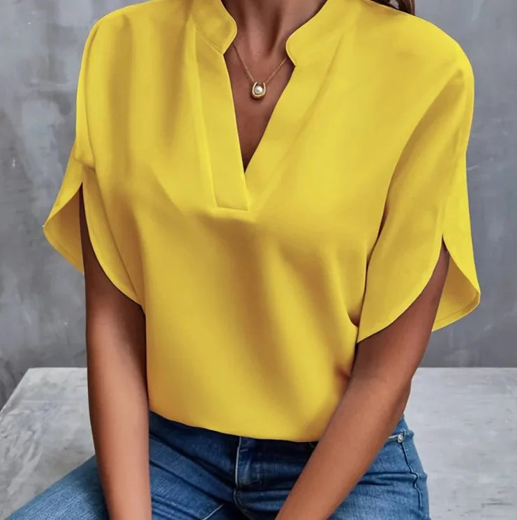 Aveline™ | Notch Neck Flutter Sleeve Blouse | Yellow / S | Toronty Ottawa