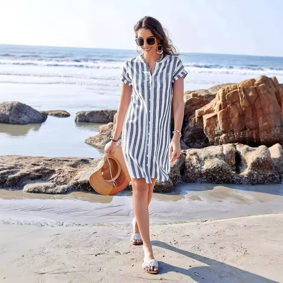 Marina™ | Effortless Stripe Shirt Dress | Coastal Blue Stripe / S | Toronty Ottawa