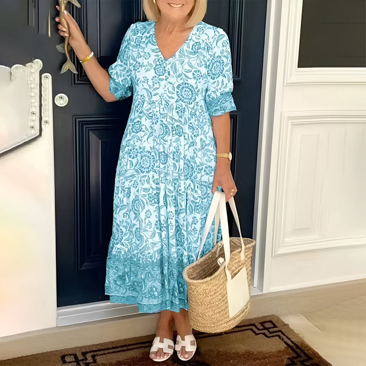 Valeria | Elegant V-Neck Floral Maxi Dress | Light Blue / S (8-10) | Toronty Ottawa