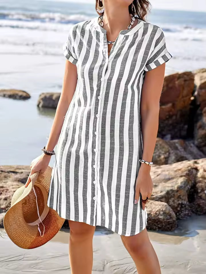 Marina™ | Effortless Stripe Shirt Dress | Pebble Grey Stripe / S | Toronty Ottawa