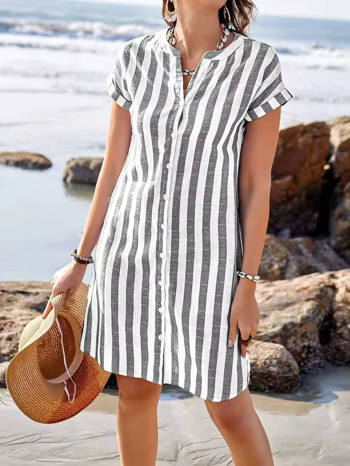Marina™ | Effortless Stripe Shirt Dress | Pebble Grey Stripe / S | Toronty Ottawa