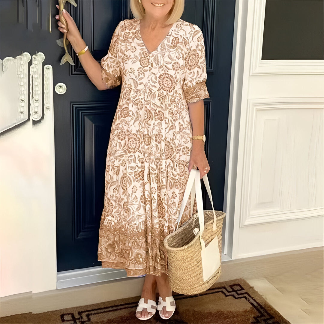 Valeria | Elegant V-Neck Floral Maxi Dress | Beige / S (8-10) | Toronty Ottawa