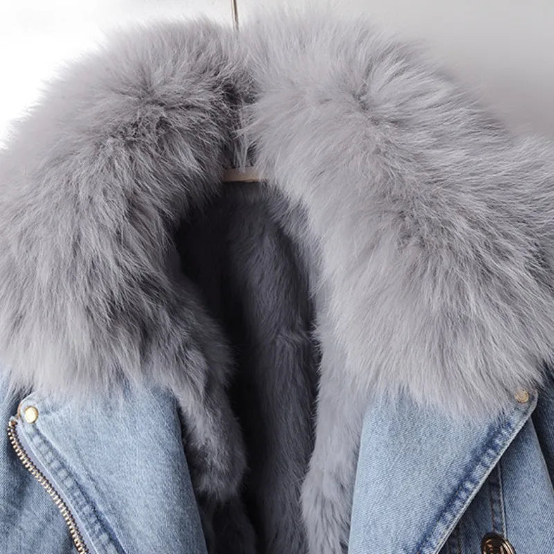 Margaux Luxe Lined Fox Fur Denim Coat | Dark Blue / XS | Toronty Ottawa