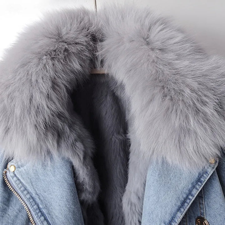 Margaux Luxe Lined Fox Fur Denim Coat | Dark Blue / XS | Toronty Ottawa