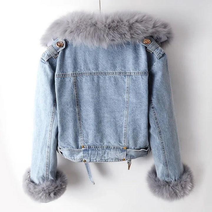 Margaux Luxe Lined Fox Fur Denim Coat | Dark Blue / XS | Toronty Ottawa