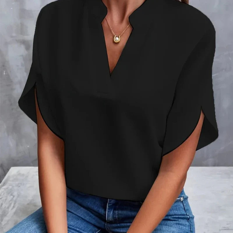 Aveline™ | Notch Neck Flutter Sleeve Blouse | Black / S | Toronty Ottawa